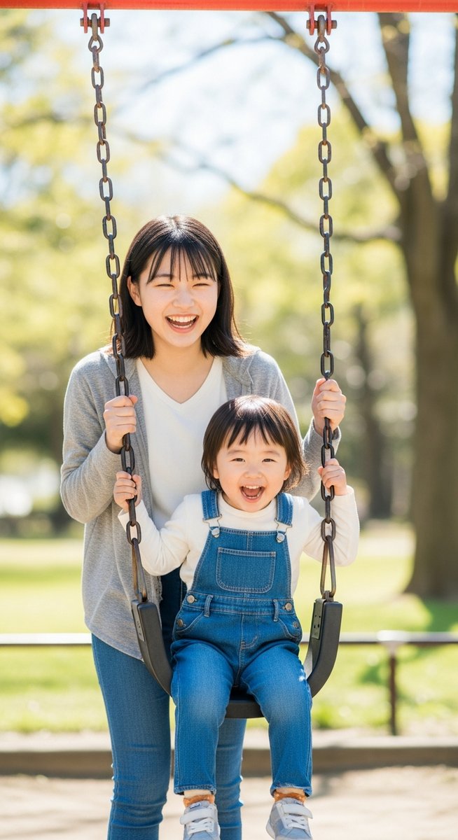 a teenage girl pushing a young child on a swing in a sunny park to make money as a teen