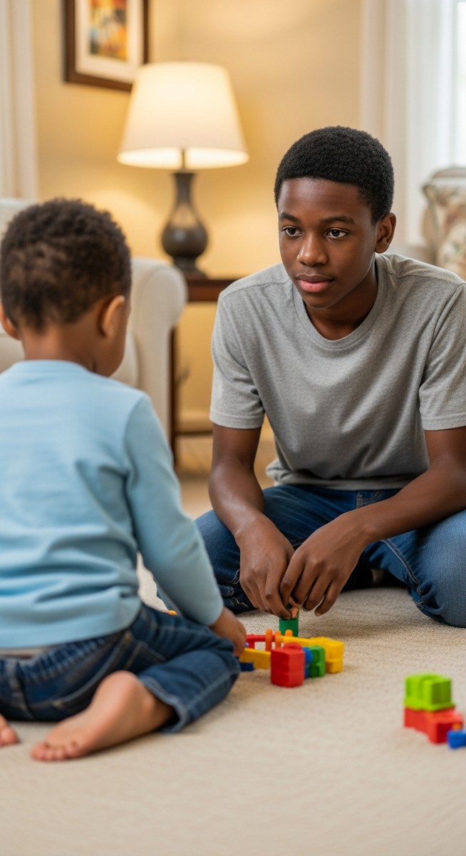 teenage boy watching over a young child playing on a living room floor