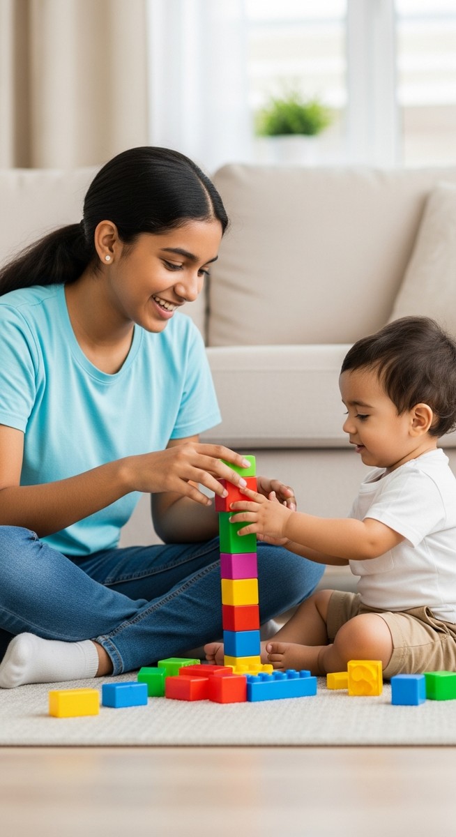 teenage girl playing with building blocks with a toddler on a living room floor
