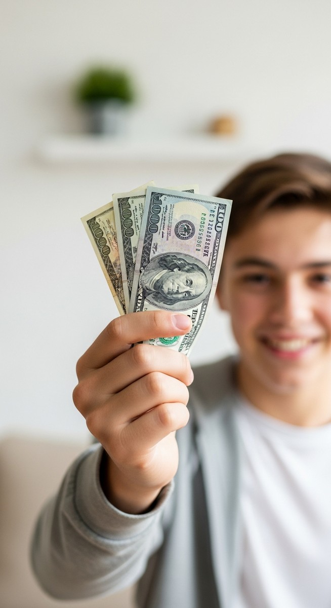 a teenager's hand holding banknotes after a babysitting job to make money as a teen