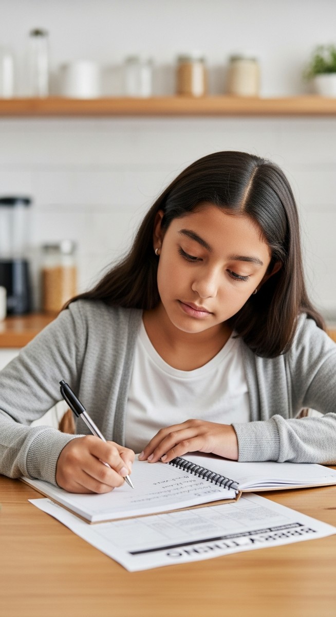 a teenage girl writing babysitting job notes in a notebook at a kitchen table to make money as a teen