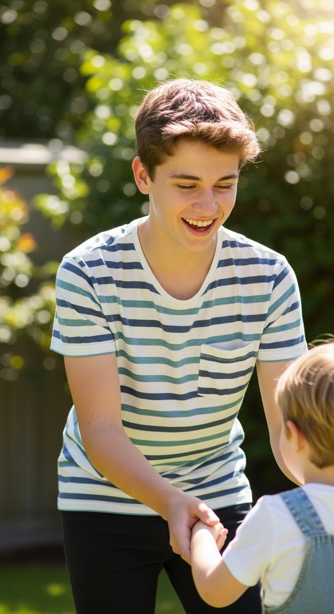 a teenage boy playing with a young child in a sunny garden to make money as a teen