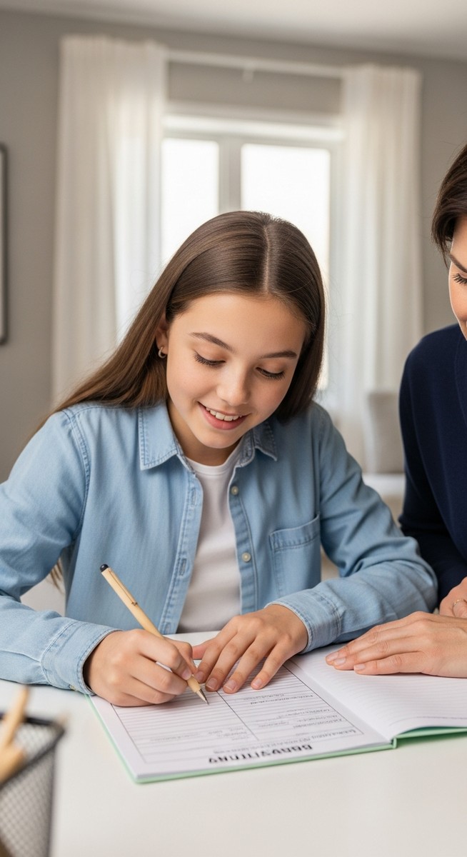 teenage girl filling in a babysitting availability sheet at a home desk with an adult