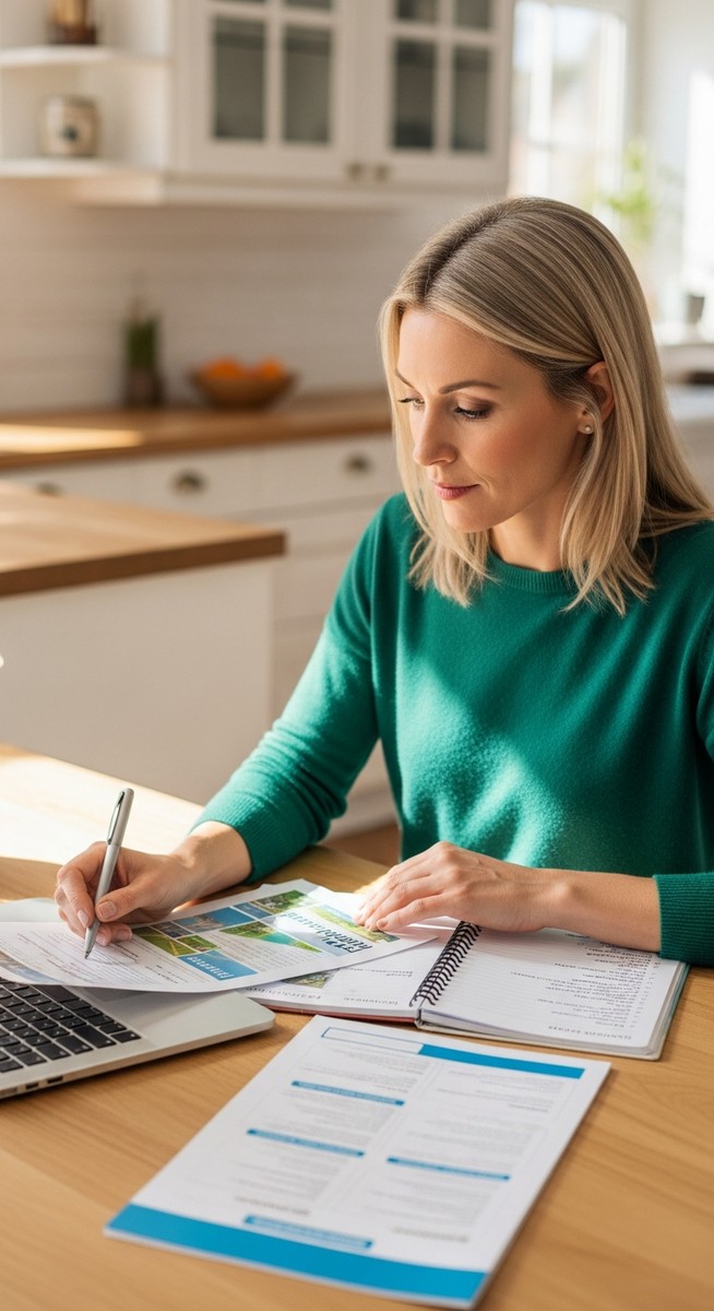 woman planning a family travel itinerary on a laptop with a notepad at a kitchen table