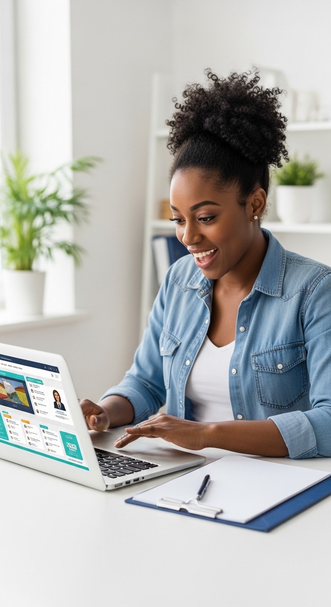 woman reviewing a travel booking platform on a laptop at a bright home desk