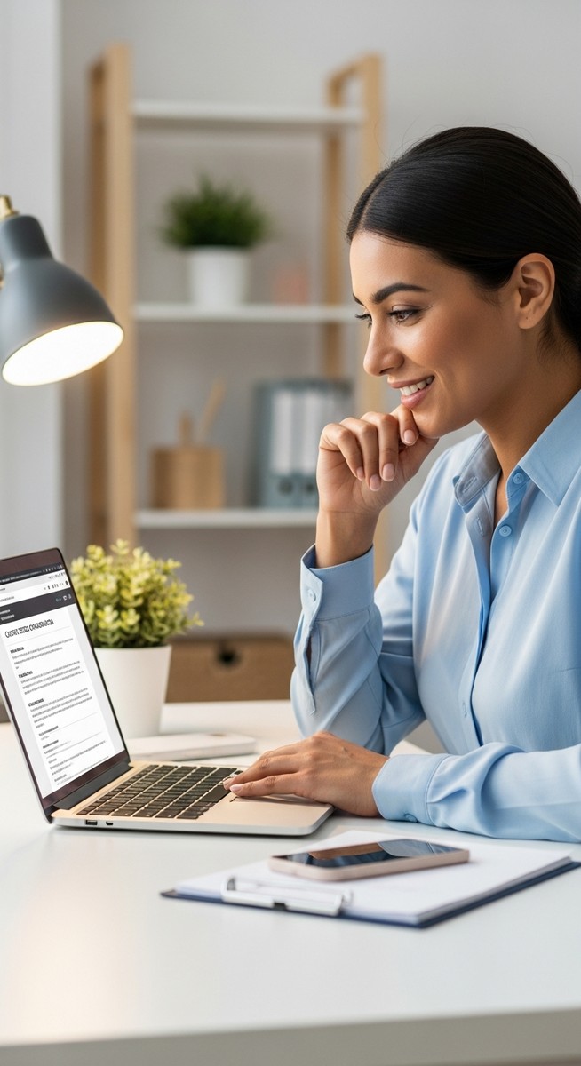 woman smiling at a completed booking confirmation on her laptop at a home desk