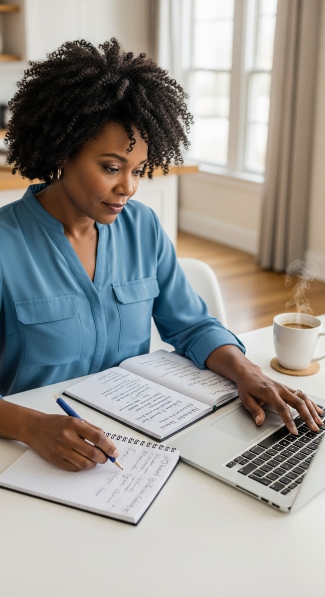 woman building a client travel package on a laptop with a notepad and coffee