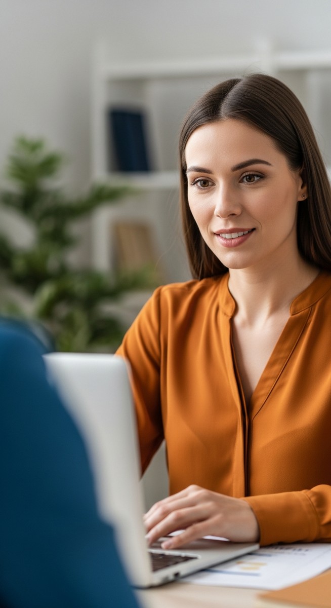 woman looking professional and approachable at her home desk during a client video call