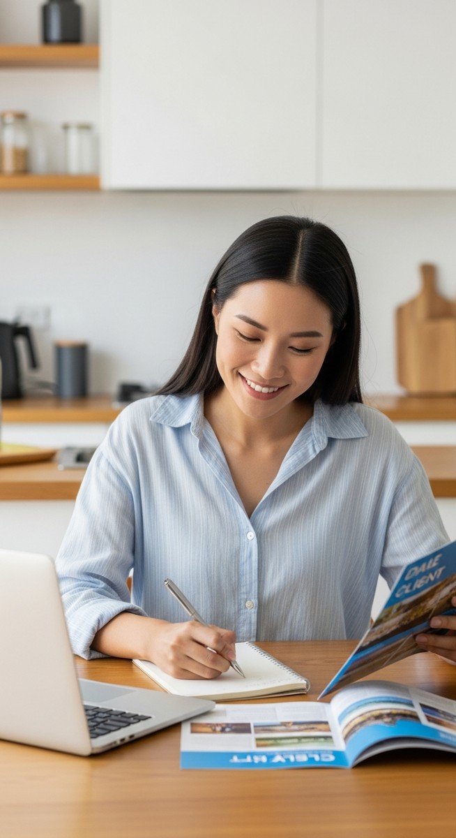 woman researching a client trip on a laptop with a notepad and travel brochure