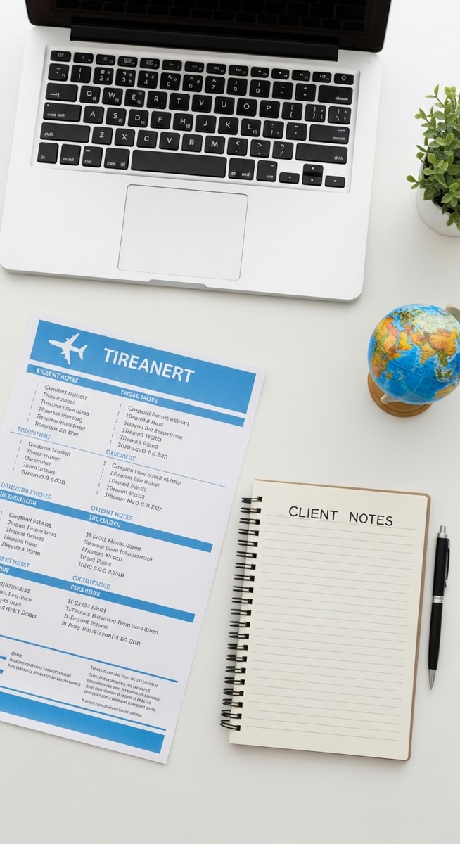 flatlay of a laptop, a travel itinerary, a notepad with client notes, a pen and a small globe on a white desk