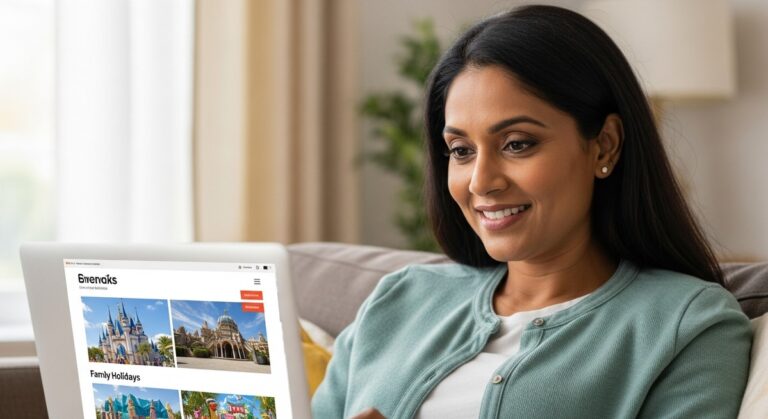 woman reviewing a theme park travel planning site on a laptop on a sofa