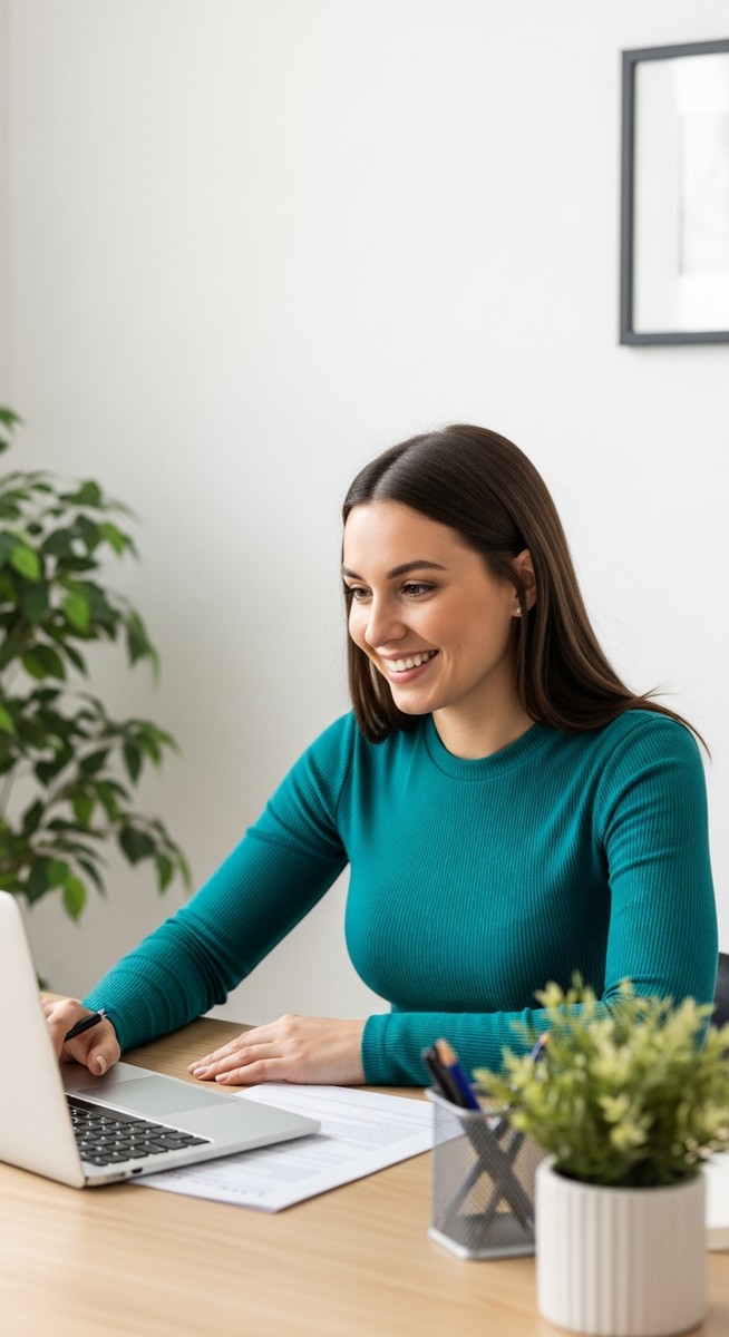 woman looking satisfied at her laptop screen at home