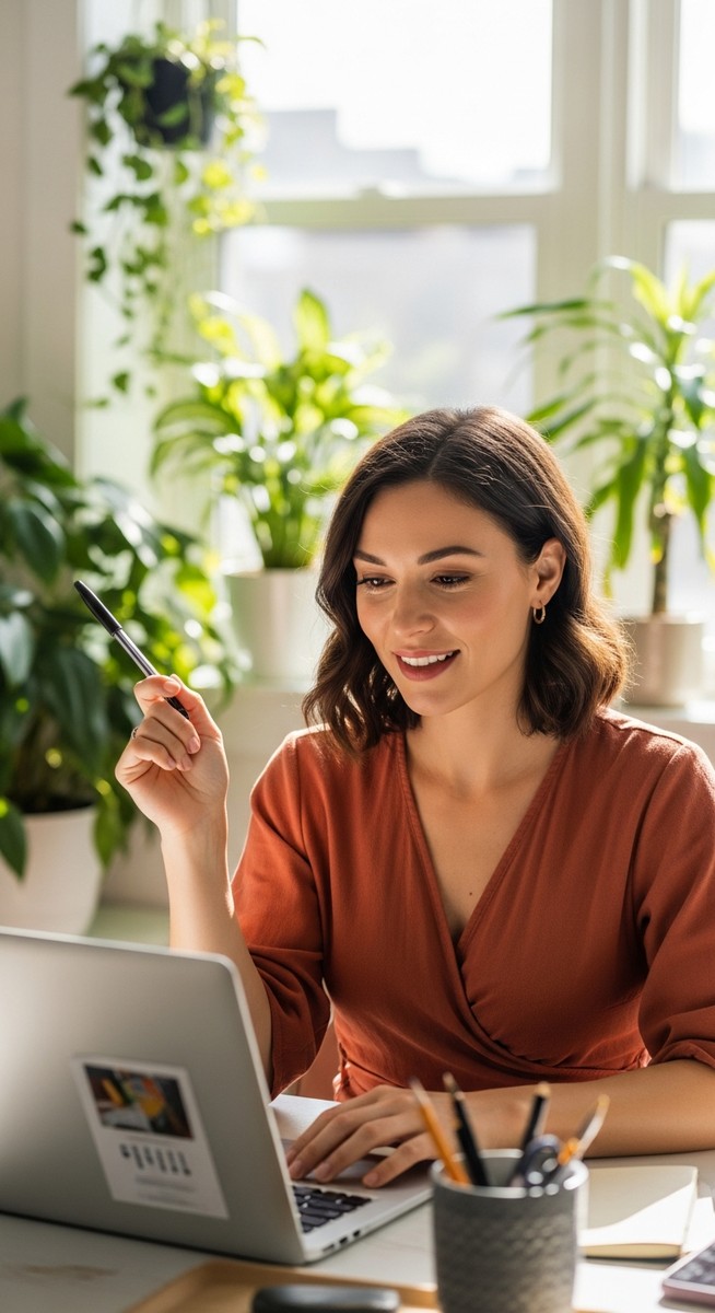 a woman smiling and thinking at her home office desk for freelancing