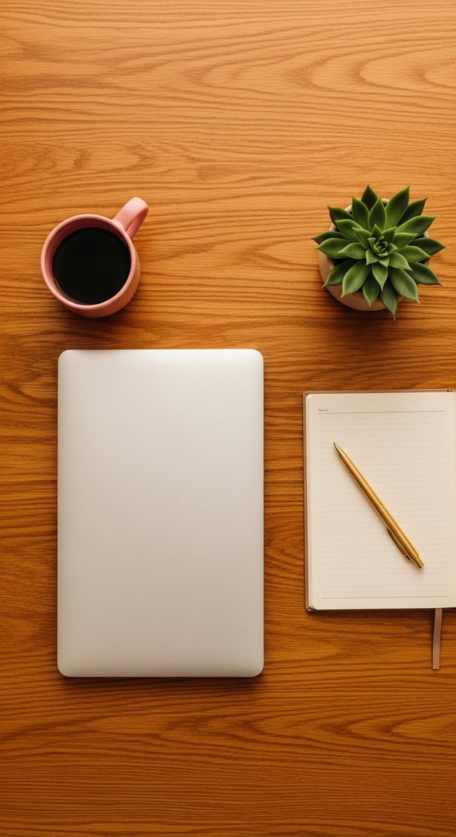 flatlay of a planner, laptop, and succulent on a wooden surface