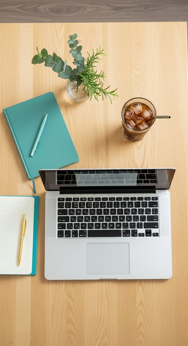 a flatlay of a laptop and teal notebook on a wooden desk for freelancing