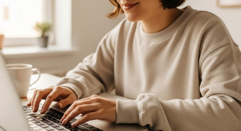 a woman typing on a laptop at a bright clean desk for freelancing