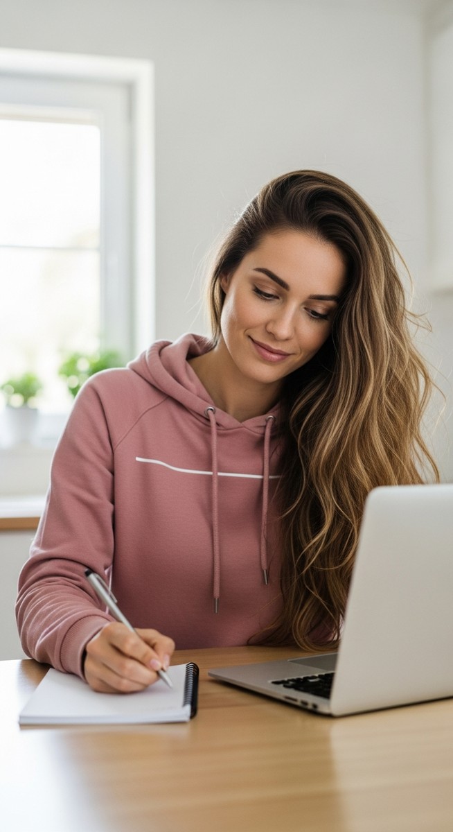 young woman taking notes next to her laptop at a kitchen table