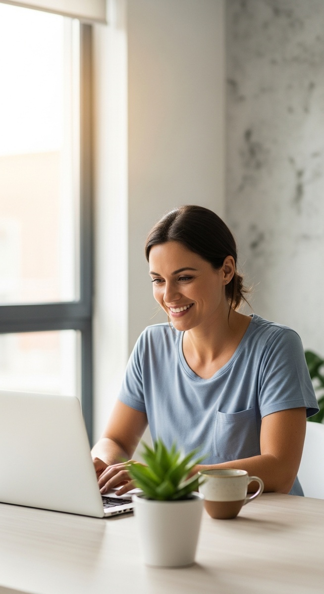 woman working confidently on her laptop at a bright home desk