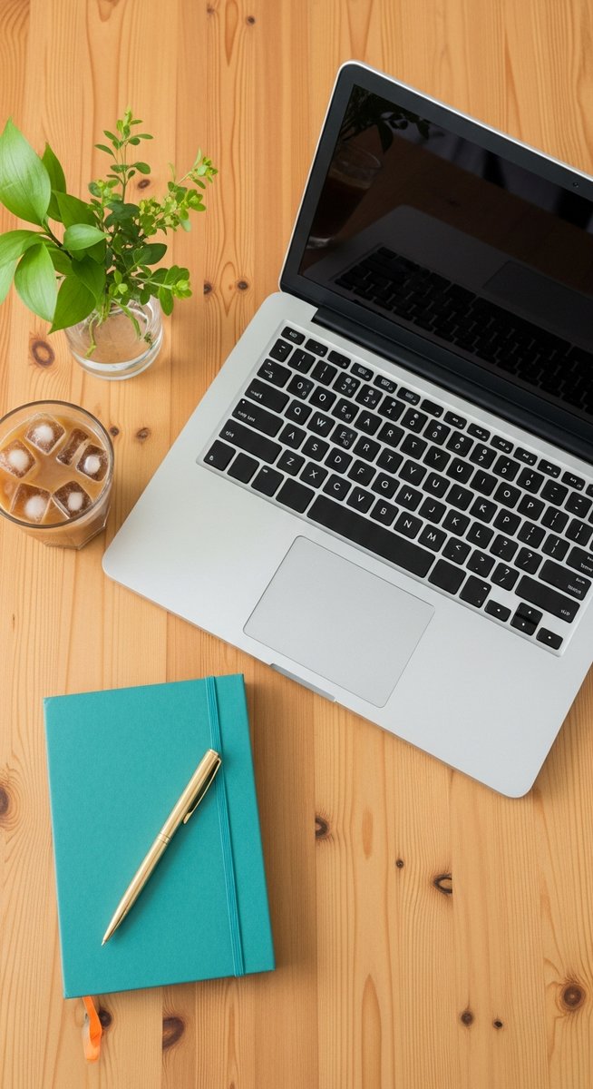 flatlay of a laptop and teal notebook on a wooden desk