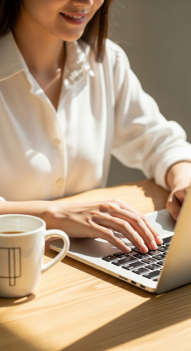 a woman typing on a laptop at a bright clean desk to work from home