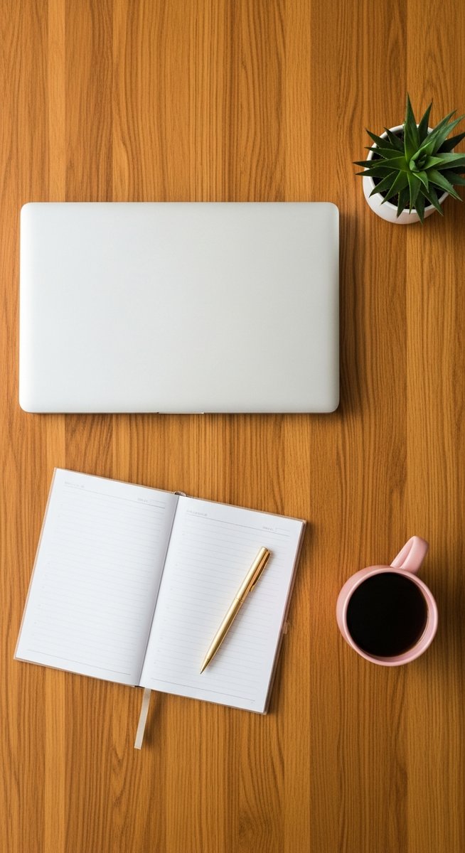 flatlay of a planner, laptop, and succulent on a wooden surface
