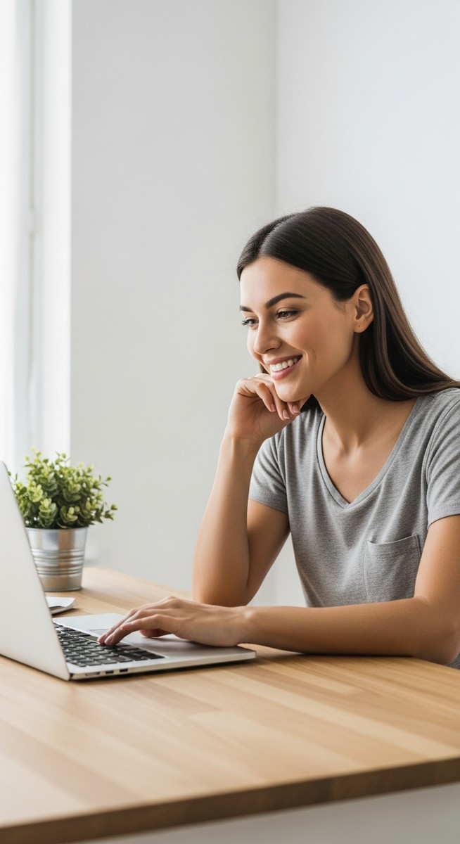 woman looking satisfied at her laptop screen at home