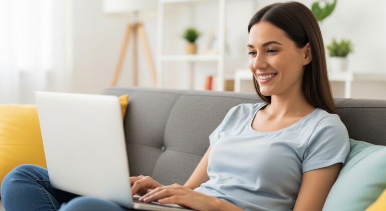 a woman smiling while working on her laptop at home to work from home