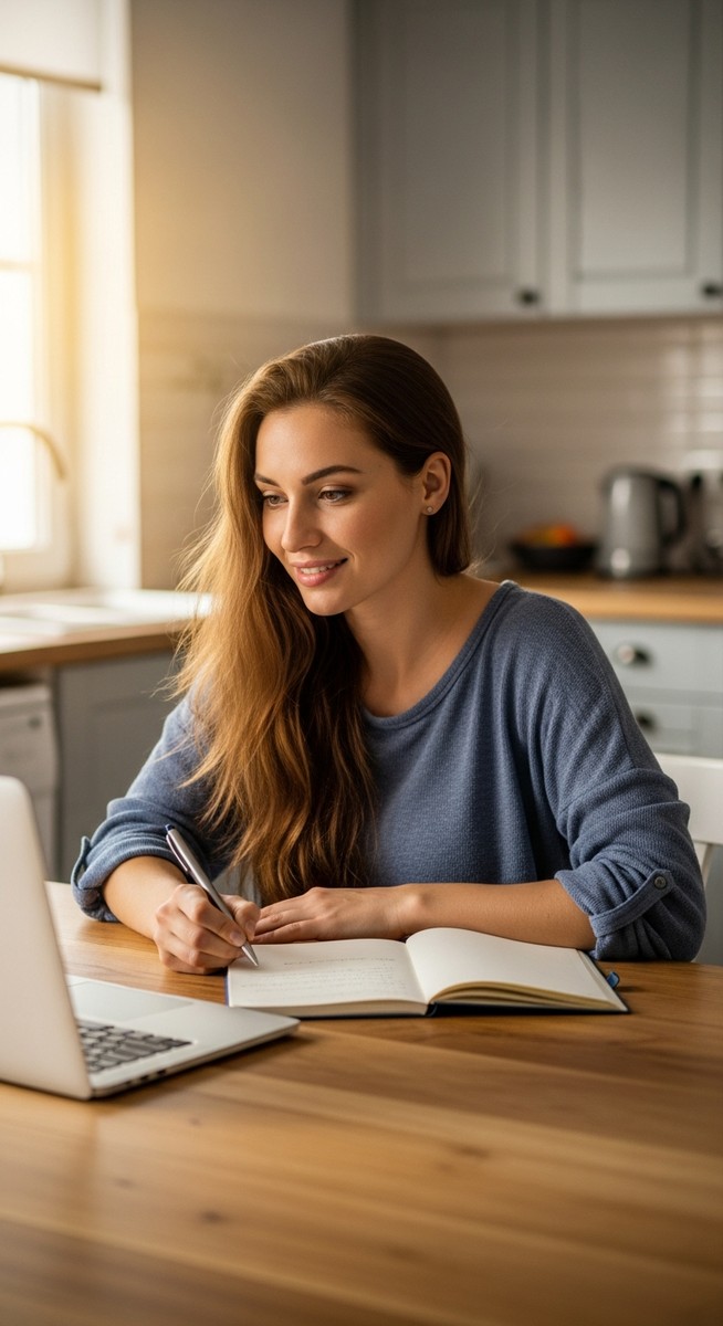 a young woman taking notes next to her laptop at a kitchen table to work from home