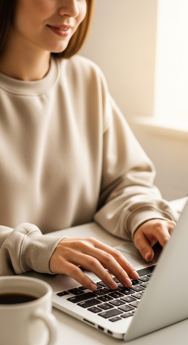 woman typing on a laptop at a bright clean desk