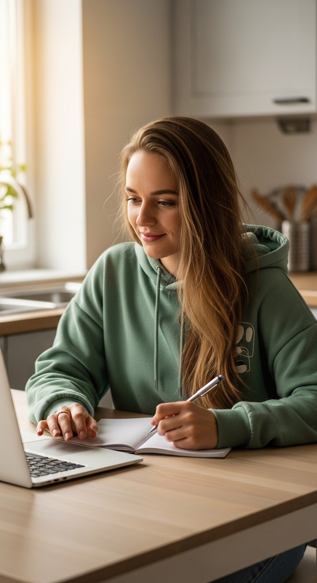 a young woman taking notes next to her laptop at a kitchen table for blogging