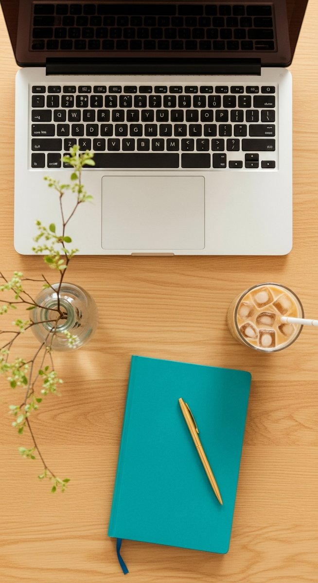 flatlay of a laptop and teal notebook on a wooden desk