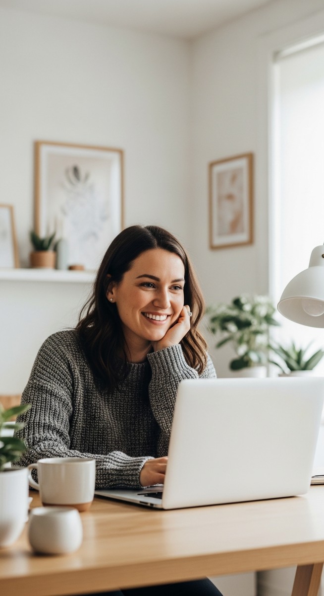 woman working confidently on her laptop at a bright home desk