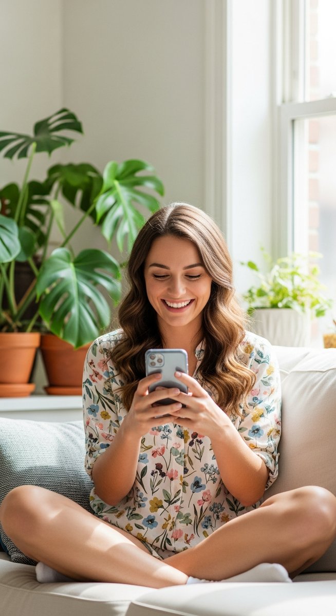 woman smiling at her phone in a bright living room