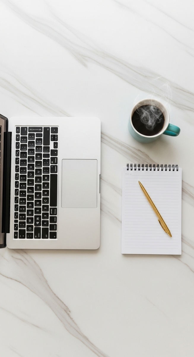 a flatlay of a laptop and teal mug on a marble surface for blogging