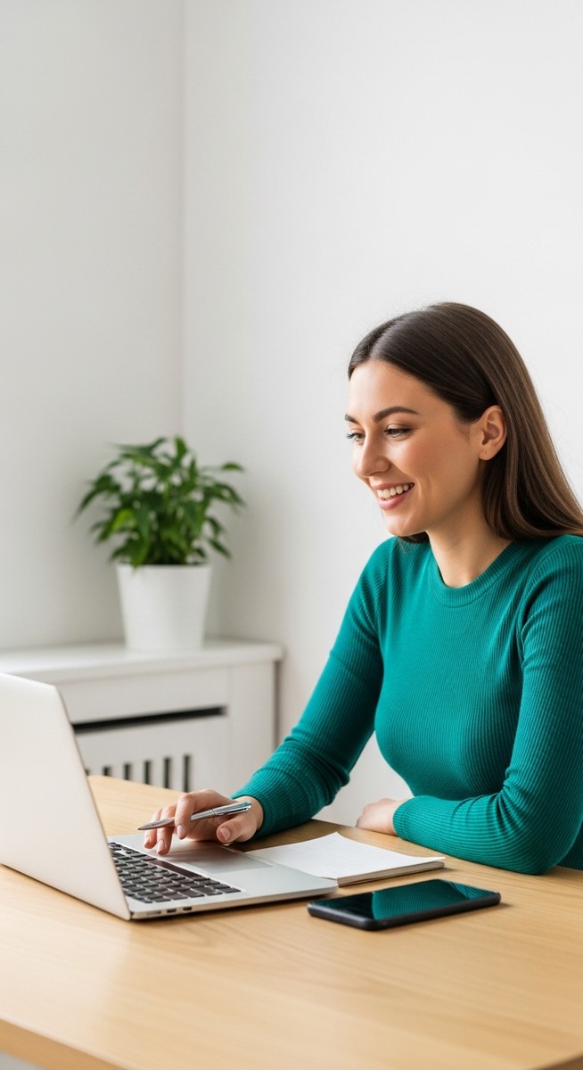 a woman looking satisfied at her laptop screen at home for blogging