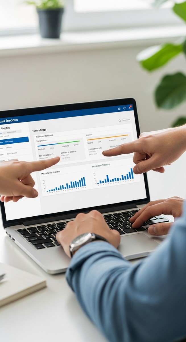 a couple's hands pointing at a budgeting app on a laptop screen for budgeting as a couple