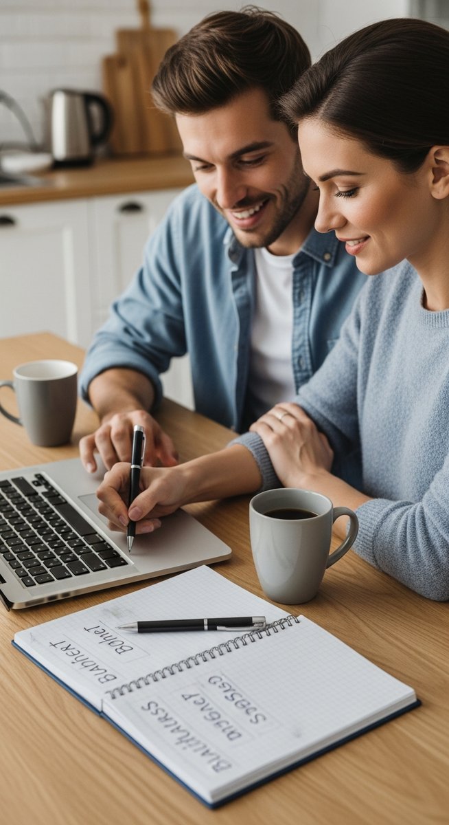 couple working through finances together at a kitchen table with coffee