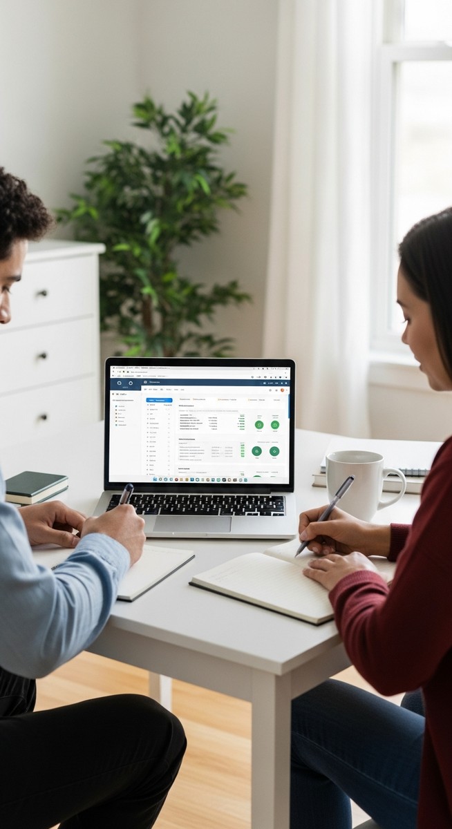 a couple taking notes together while reviewing a budgeting app for budgeting as a couple