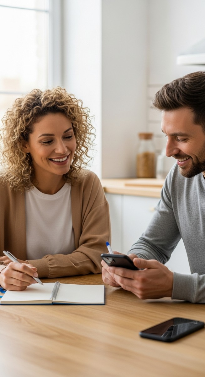 couple discussing their monthly budget at a kitchen table