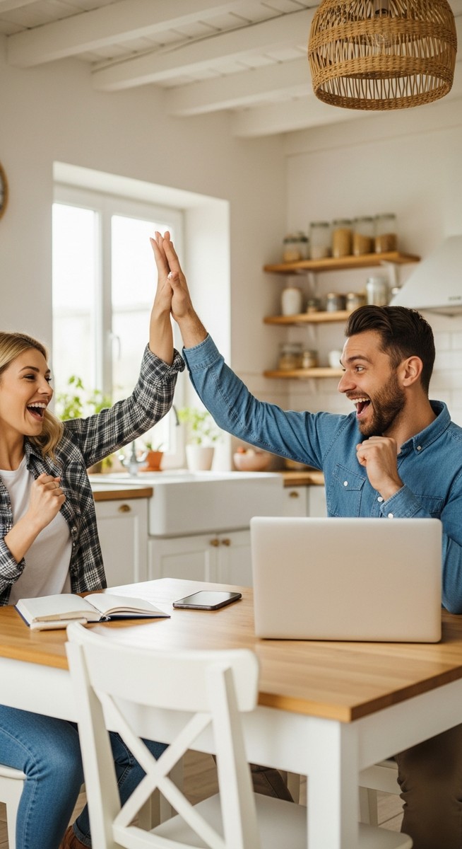 a couple celebrating hitting a savings goal at home for budgeting as a couple