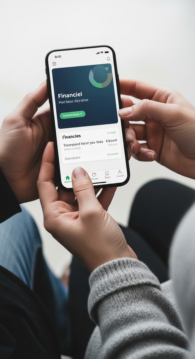 couple holding a smartphone showing a financial app