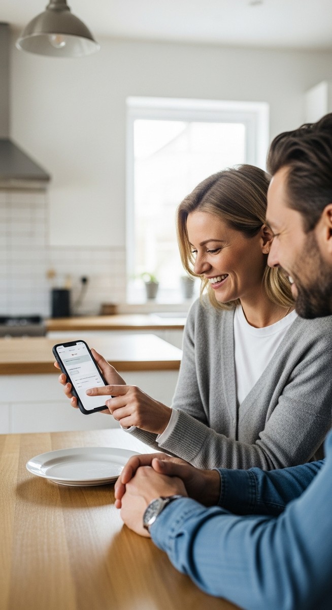 a woman showing her partner something on her phone at a kitchen table for budgeting as a couple
