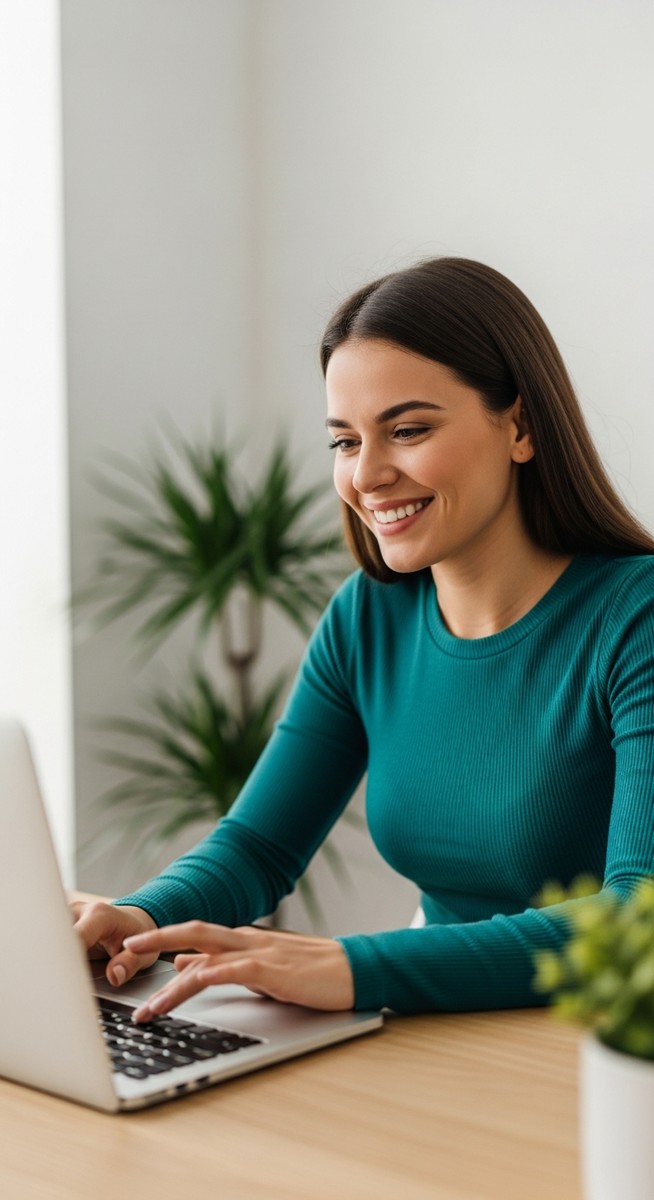 woman looking satisfied at her laptop screen at home