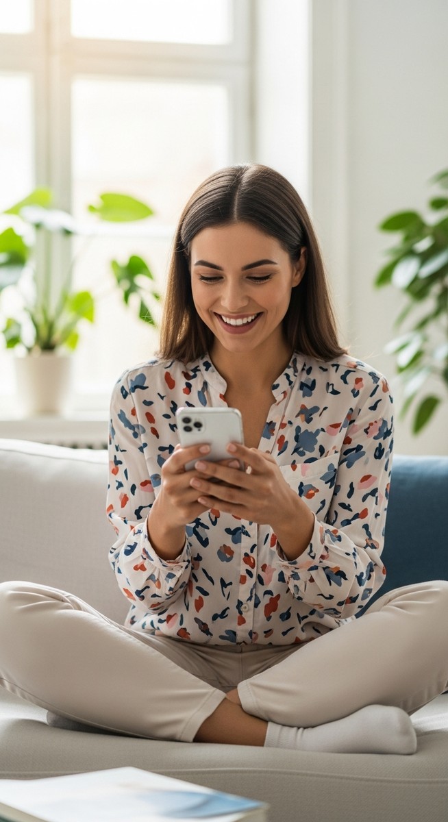woman smiling at her phone in a bright living room
