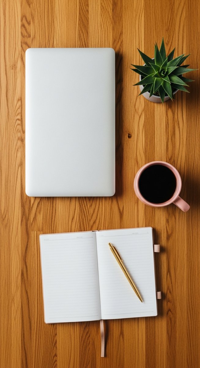 a flatlay of a planner, laptop, and succulent on a wooden surface for investing