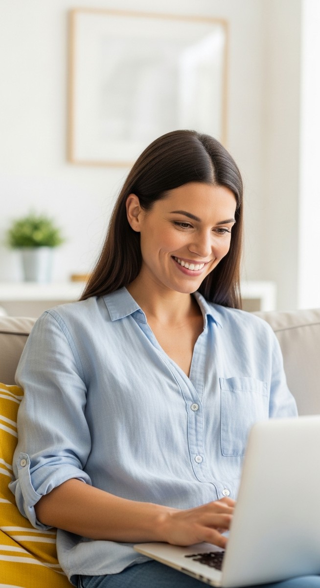 woman smiling while working on her laptop at home