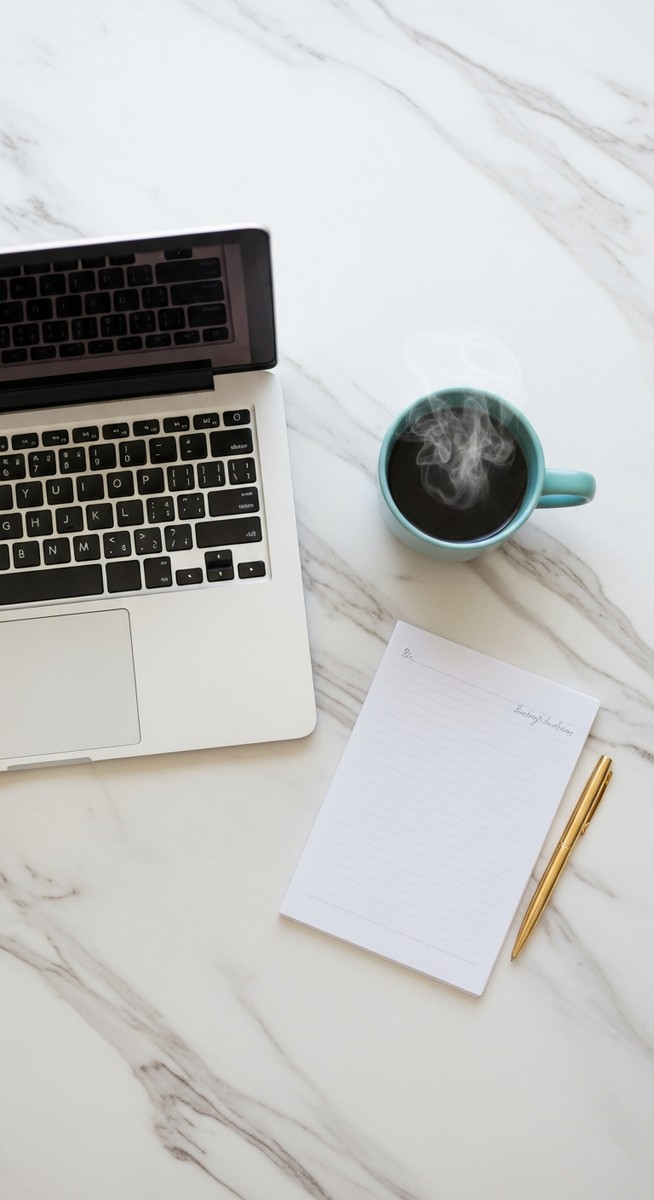flatlay of a laptop and teal mug on a marble surface