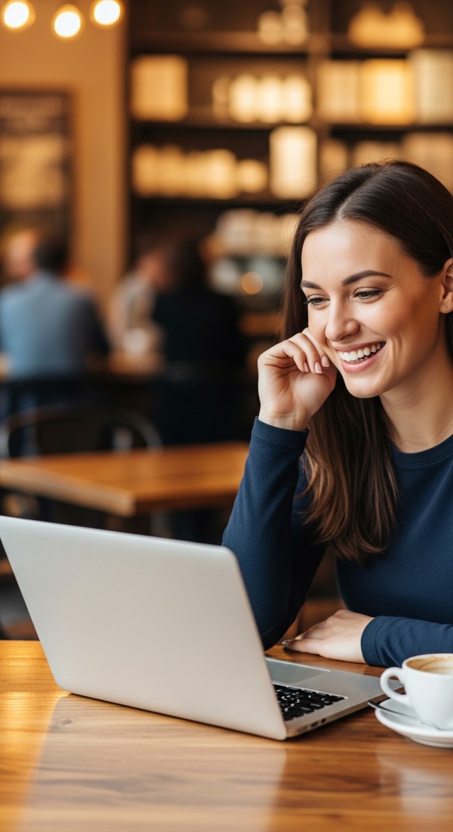 woman working happily on her laptop