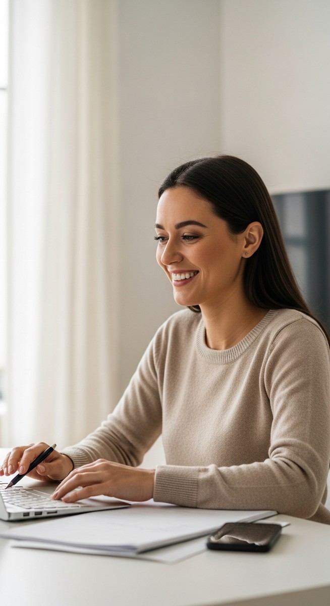 a woman working confidently on her laptop at a bright home desk for investing