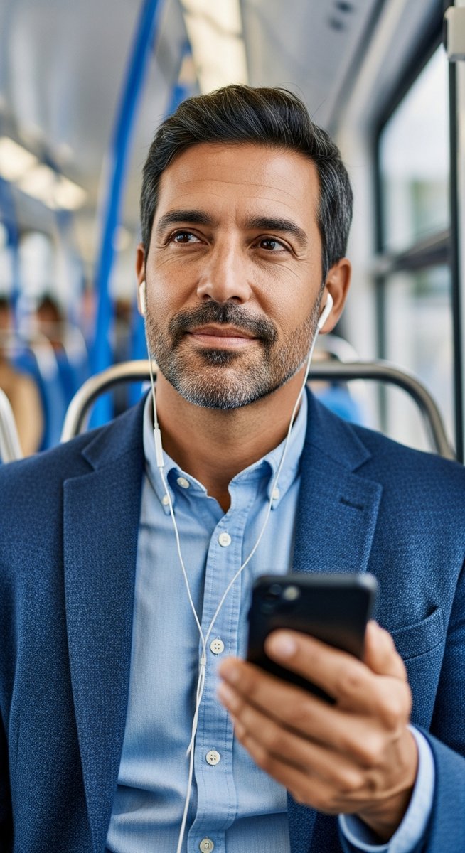 man listening to a podcast on his phone through earbuds while commuting